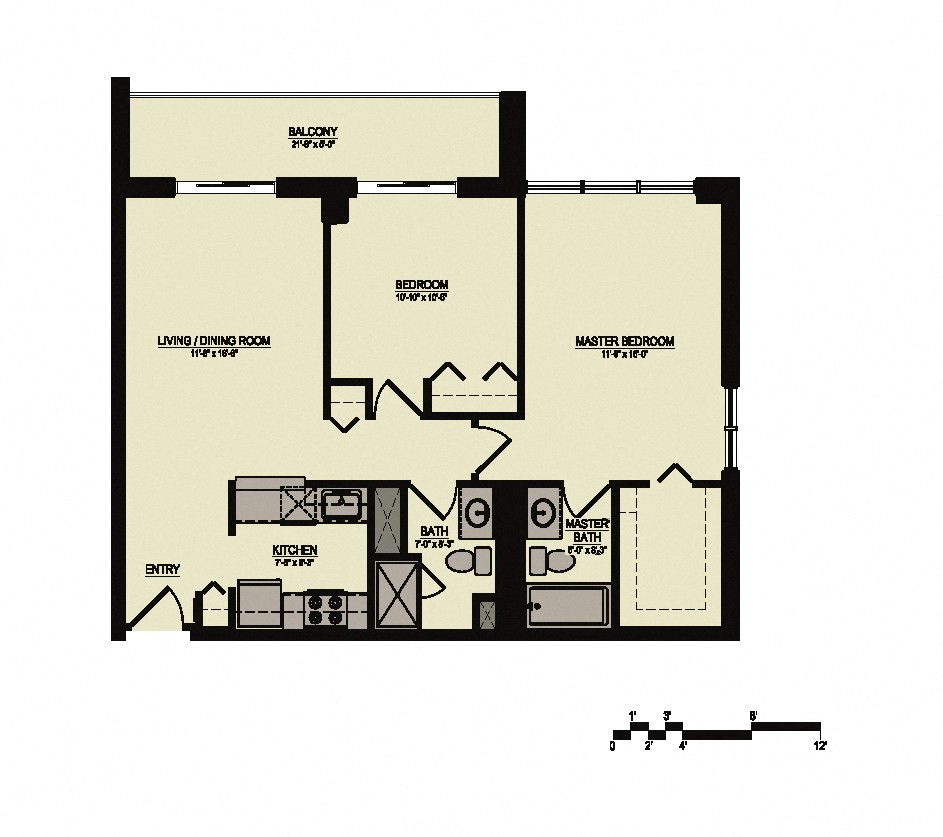 Floor plan for 2 beds, 2 baths, 890 sqft